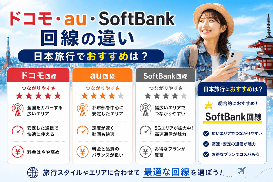 ドコモ・au・SoftBank回線の違い｜日本旅行でおすすめは？